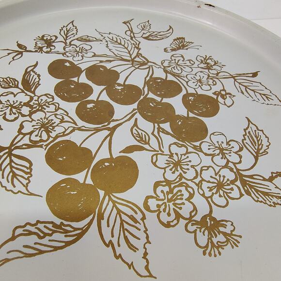 Vintage Round Tray Metal 11" White with Gold Cherries Painted - Fun Retro Decor - Picture 4 of 9